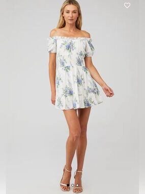 LoveShackFancy Floral Mini Dress in Cream and Blue